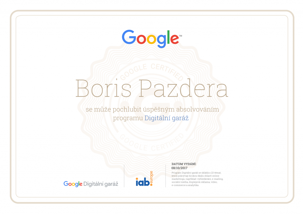 Certifikát Boris Pazdera Google Digitální Garáž