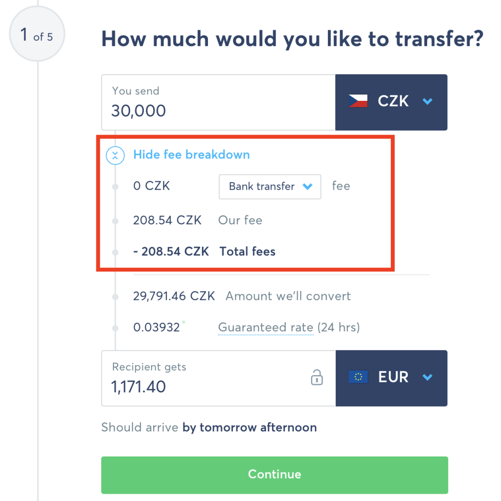Transferwise - Zaslání peněz krok 1