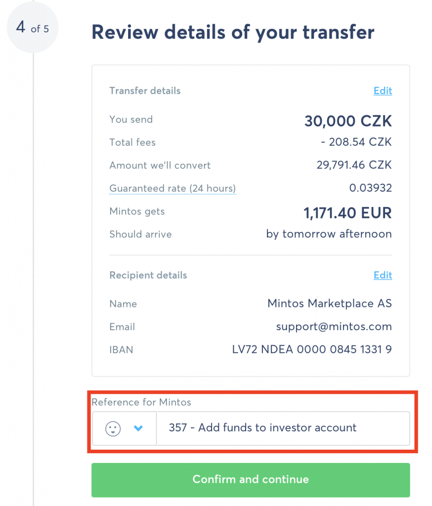 Vyplníme reference number na Transferwise