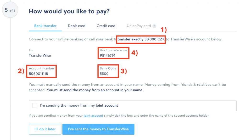 TransferWise - Údaje pro odeslání z našeho českého účtu